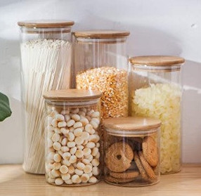 Glass storage with bamboo lids