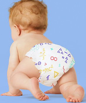 Baby crawling wearing cute disposable diapers with math pri